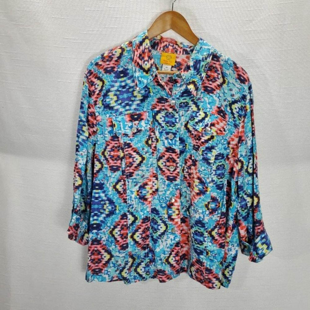 Ruby Rd Linen Top Womens 2x Blue Southwestern Pearl Button Up Contrast Stitch
